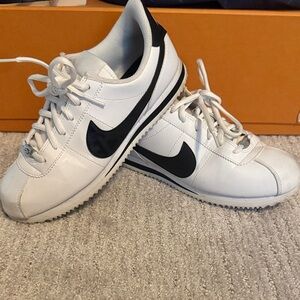 Nike White and Black Cortez-Inspired Leather Sneakers